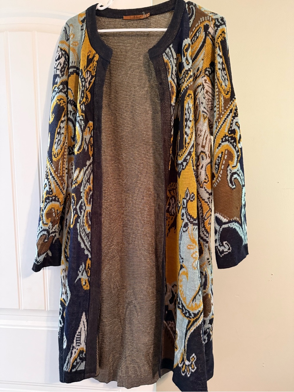 Belldini Open-Front Paisley Knit Cardigan in Mustard, Gray & Cream